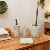 Ensemble d'accessoires de salle de bain en terrazzo blanc écologique, vente en gros directe d'usine : distributeur de savon, gobelet, porte-brosse WC, porte-savon
