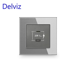Interface Delviz Quick Charge Type-C, panneau en verre trempé sans logo, port universel 1A1C 5V 3A, prise USB murale à charge rapide 20W