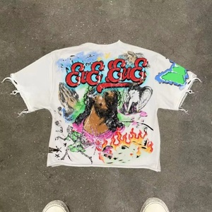 เสื้อยืดสตรีทแวร์ทรงหลวม คอวี แขนเสื้อแบบดรอป ไหล่ตก พิมพ์ลาย DTG สไตล์ดิสเทรส โอเวอร์ไซส์ ผ้าเฟรนช์เทอร์รี่ ทรงครอป สำหรับผู้ชาย เสื้อยืดลายกราฟิก - Product Image 1