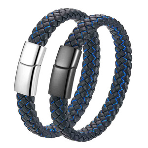 Pulsera de Cuero Tejido con Acero Inoxidable de 21 cm, Cierre Magnético, Regalo para Hombre, Joyería, Patrón Cosido en Negro y Azul - Product Image 1