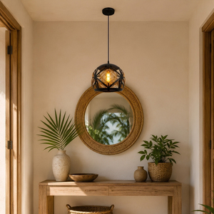 Vente directe d'usine, best-seller, luminaire suspendu en métal noir Boho Solaris avec corde en chanvre et globe en verre ambré - Product Image 4