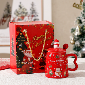 Juego de Tazas de Cerámica <span class=keywords><strong>Verde</strong></span> Navideñas Creativas de Alta Calidad Personalizadas con Tapa <span class=keywords><strong>y</strong></span> Cuchara, Taza de Porcelana Roja, Caja de Regalo para Regalos de Boda - Product Image 5