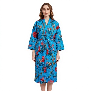 Robe kimono pour femmes, Kantha, à fleurs, col en V, hiver/été, 100% coton, tissu écologique, ethnique, traditionnelle, vintage, indienne, faite à la main - Product Image 1