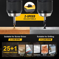 Perceuse à percussion sans balais 3/8'' avec batterie, visseuse électrique 60 Nm, lumière LED, vitesse variable pour le perçage du bois à domicile