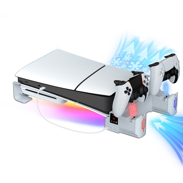 New Multi-Mode RGB Light Dual Controller Charging Station 3-Level Cooling Fan Horizontal Stand for PS5 Slim
