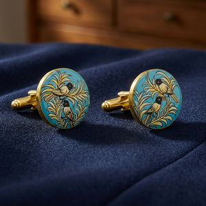 Boutons de manchette en laiton à motif oiseaux jumeaux, émail peint à la main avec turquoise et or, pour cadeau d'anniversaire de mariage, fêtes formelles - Unisexe - Product Image 5