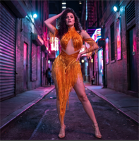 Robe moulante sexy pour femme, en maille à strass et sequins, avec franges, idéale pour les spectacles