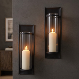 Ensemble de porte-bougies muraux minimalistes 2 pièces en verre cylindrique noir rectangulaire Décoration d'intérieur Salon - Product Image 3