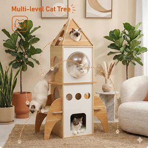 Tour à chat en bambou moderne et esthétique, design fusée, station d'activités professionnelle, centre de jeu robuste à plusieurs niveaux pour chatons, en carton - Product Image 3