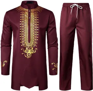 Completo da uomo 2 pezzi camicia e pantaloni tradizionali tunica stampa oro manica lunga Set abito etnico