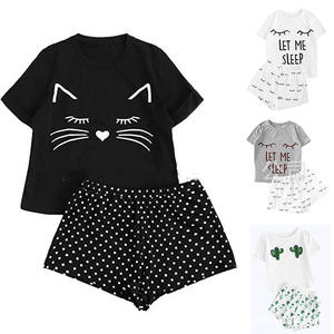 Letter Pajamas Set <strong>Women</strong> Cute <strong>Cat</strong> Printing Short Sleeve T-shirt Shorts Sleepwear Nightwear Set <strong>Pyjama</strong> Femme <strong>Womens</strong> Pajamas Set - Product Image 2