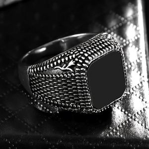 Anneaux en acier inoxydable de qualité supérieure, tendance rétro carrée, à grain, pour hommes, vente chaude, vintage, noir, gemme, généreux - Product Image 3