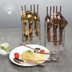 Factory Cheap 13/0 Stainless Steel Customized Rose Gold Black PVD Stainless Steel Cutlery Flatware Set With Metal Stand Gift Box