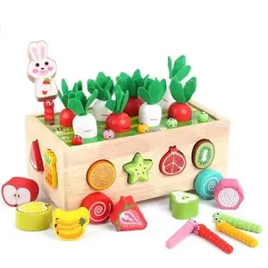 Funny kids pre-school learning wooden toy carrot harvest cart with 24 pieases wooden food accessories toy