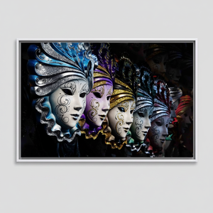 Elegante obra de arte impresa en lienzo: diseño moderno de máscaras del Carnaval veneciano, lienzo con marco blanco - Product Image 2