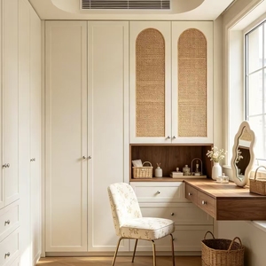 Armadio a Muro Curvo in <span class=keywords><strong>Rattan</strong></span> Crema con Cassetti Integrati e Toeletta Abbinata per Camera da Letto - Product Image 2