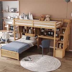 Multifunctional Bunk Bed With <b>Desk</b> And Storage Staircase Natural <b>Wood</b> <b>Solid</b> <b>Wood</b> Frame For Children Bedroom - Product Image 1