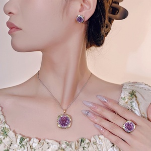 Vintage Eco-friendly Copper Bridal Set Jewelry Wedding 18-14mm Dried Rose Cubic Zirconia Gold Plated Pendant <b>Earrings</b> Set - Product Image 3