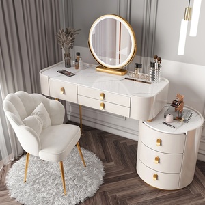 Modern Luxury Bedroom <strong>Dressing</strong> <strong>Table</strong> with Lighted Mirror White <strong>Wood</strong> Top Glass Bottom - Product Image 3