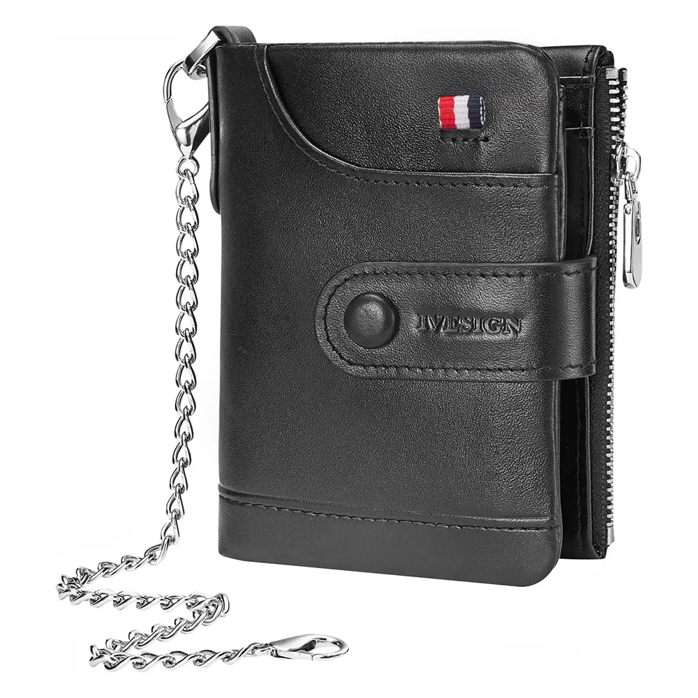 Anti-Theft Genuine Leather Bifold Purse Men RFID Blocking Credit Card Holder Chain Wallet with Zipper Coin Pocket