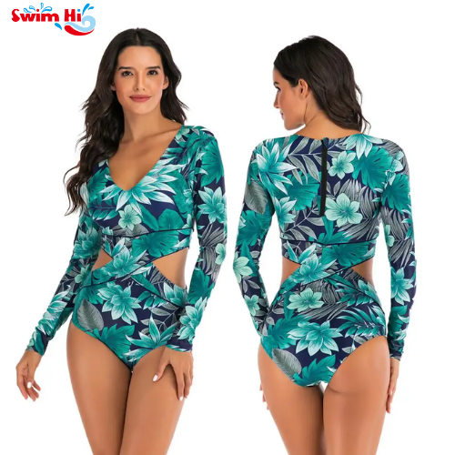 Women's Rashguard swimsuit  sun protection green palm floral print with back zipper long sleeve one piece rash guard