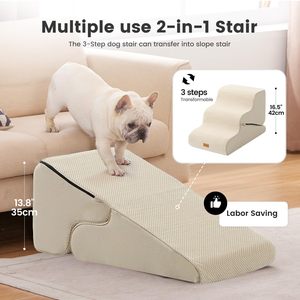Scala per Animali Domestici 2 in <span class=keywords><strong>1</strong></span> Trasformabile <span class=keywords><strong>a</strong></span> 3 Gradini e Rampa per Cani per Divano, Beige, Gradini Regolabili con Copertura Antiscivolo Impermeabile - Product Image 2