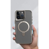Coque de téléphone en caoutchouc souple avec support métallique pour iPhone 17 Pro 16 15 14 13 12 Pro Max, dos texturé en fibre de carbone, étui magnétique