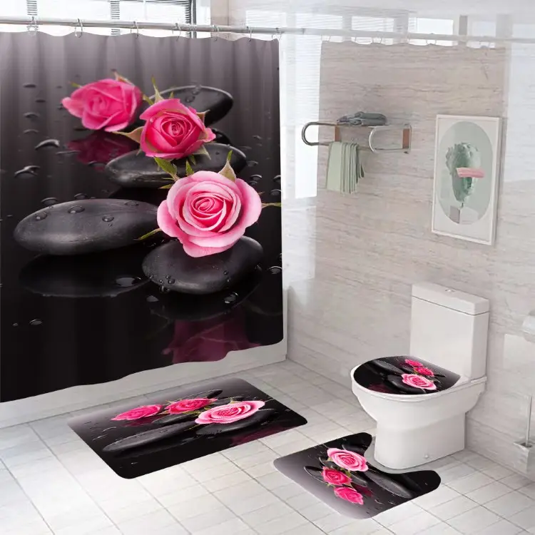 Bộ Rèm Phòng Tắm Hiện Đại 3D Rose Flower In 4 Chiếc Rèm Phòng Tắm Cộng Với Rèm Phòng Tắm