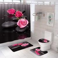 XinLan Moderne Salle De Bains Rideau De Douche Ensembles 3D Rose Fleur Imprimer 4pcs Salle De Bains Rideau Plus Rideau De Douche