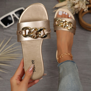 <span class=keywords><strong>Sandali</strong></span> piatti da donna <span class=keywords><strong>con</strong></span> decorazioni in metallo lucido, scarpe traspiranti da spiaggia e passeggio, a punta aperta, comode da indossare, calzature estive - Product Image 4