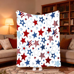 Plaid en peluche de style américain avec motif d'étoiles rouges, bleues et blanches pour la maison, couverture en flanelle douce et confortable pour toutes les saisons - Product Image 2