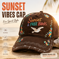 Gorra de Béisbol de Algodón Marrón Lavado con Bordado de Aves al Atardecer, Estilo Vintage, para Vacaciones en la Playa, Regalo