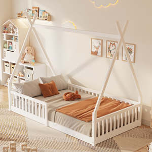 Lit plateforme pour <span class=keywords><strong>chambre</strong></span> d'enfant, taille double, en pin massif, avec barrière de sécurité au plafond, design lavable, facile à assembler, <span class=keywords><strong>blanc</strong></span> - Product Image 1