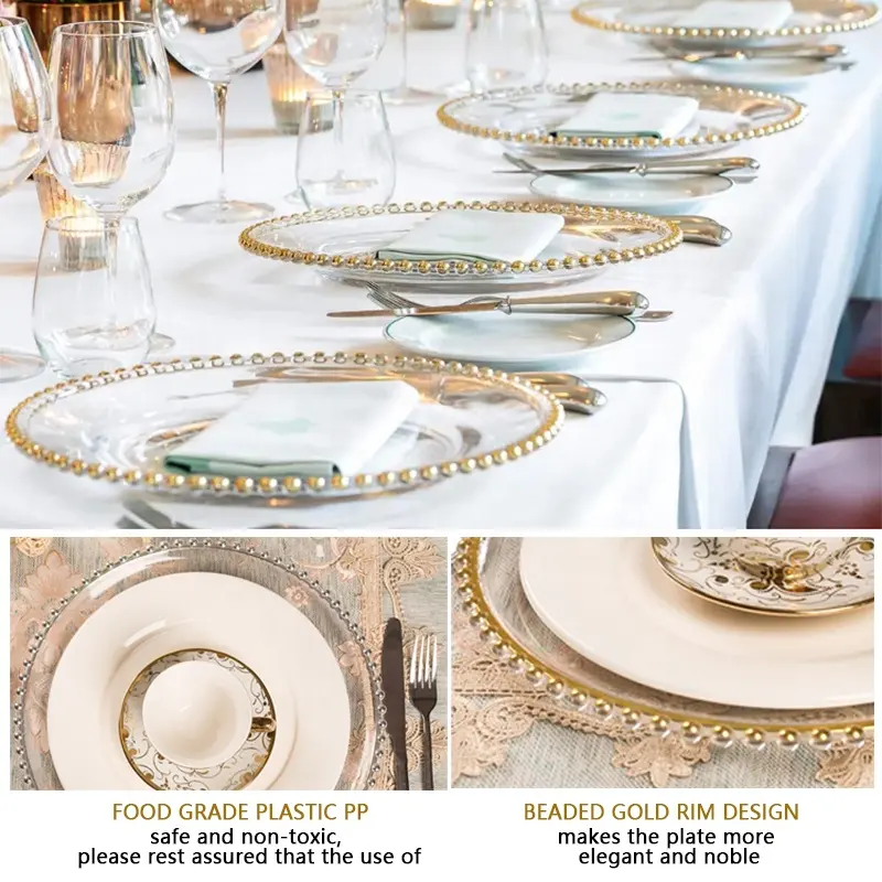 Atacado 13 Polegada Jantar Sob Placa Clear Plastic Silver Table Elegante Frisado Rose Gold Rim Charger Plates para Casamento