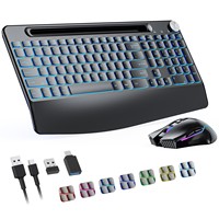 Ensemble clavier et souris sans fil ergonomique RVB rechargeable 2,4 GHz pleine taille, rétroéclairage 7 couleurs 3600 DPI ; Souris avec fonction anti-sommeil