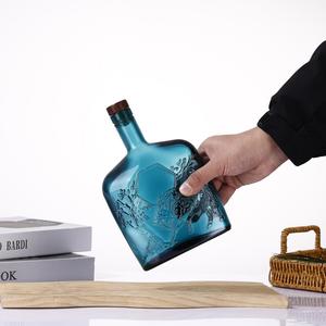 Botella Vacía Redonda Plana <span class=keywords><strong>Azul</strong></span> Personalizada de 700 ml, Apta para Brandy, Ginebra, Ron, Vodka, <span class=keywords><strong>Tequila</strong></span>, con Tapón de Vidrio - Product Image 2