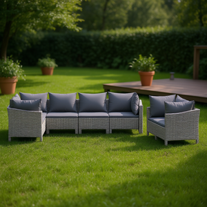 Ensemble de salon de jardin en rotin gris PE avec structure en acier thermolaqué, 6 places, mobilier d'extérieur au design contemporain - Product Image 2