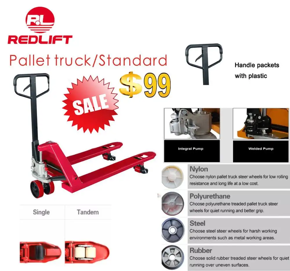 Merah-Lift Peralatan Penanganan Rendah Profil Tangan/Manual Pallet Truck dengan 35/55 Mm 1500Kg 3500Kg