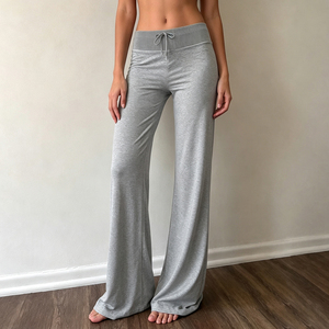 Women's Elastic Waist Flare Pants <b>Drawstring</b> Tie Solid Color Bootcut <b>Trousers</b> Loose Fit Casual Streetwear Bottoms Summer Flat - Product Image 4