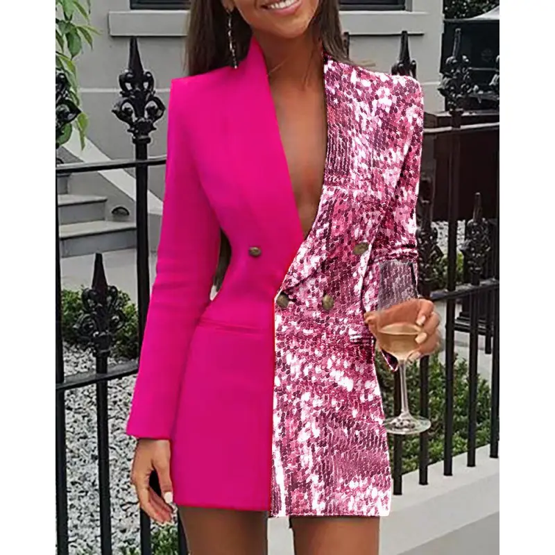 2022 Patchwork Two Color Midi Ladies Business Suit Dress Deep V Long Sleeve Double Breasted Career Women Sequin Blazer Dress