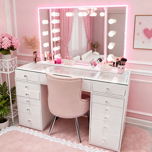 طاولة تسريحة فاخرة باللون الوردي قابلة للتخصيص مع أدراج تخزين ومرآة وإضاءة - Product Image 1