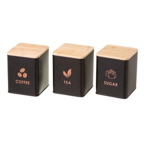 3-Piece Set Sugar Tea Coffee Kitchen Canister Set Metal Steel Food Storage Containers With Bamboo Lids