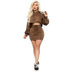 YHH-105 New Autumn Spring <strong>Women</strong> Casual Hooded Drawstring Long Sleeve Crop Top <strong>Hoodies</strong> Skirt Solid 2 Pieces Set <strong>Dress</strong> - Product Image 4