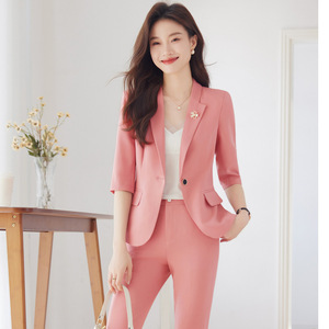 Pink Three Quarter Sleeve Blazer Suit Set Women's Formal Business Leisure Wear Anti Wrinkle Worsted Fabric - Product Image 1