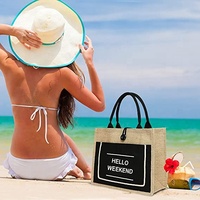 Bolso de mano de yute para la playa, bolsa de lona de algodón ecológico con logotipo personalizado impreso, con bolsillo, gran oferta