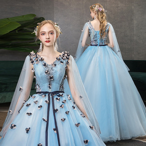 Evening Gown Ball Gown <b>Light</b> Blue Chiffon V <b>Neck</b> Empire Waist Floral Print Long Dress For Women Performance Stage Wear - Product Image 1