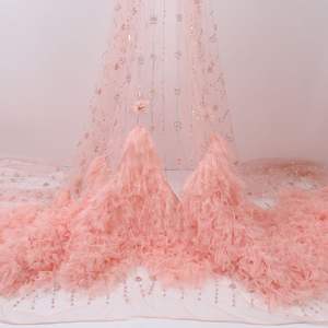 Tela de encaje bordado para vestido de novia, tela de encaje bordado de estilo africano y suizo rosa con cuentas de malla - Product Image 1