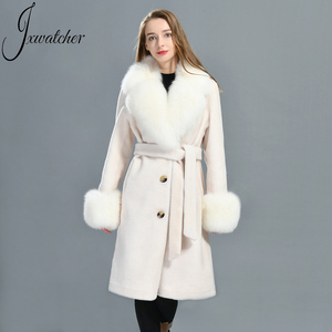 Wholesale Winter Sheep Shearling Fluffy Lamb <strong>Woolen</strong> Jacket Belt Thick <strong>Women</strong> Trench Luxury <strong>Long</strong> Lamb Wool <strong>Coat</strong> With Real Fox Fur - Product Image 1