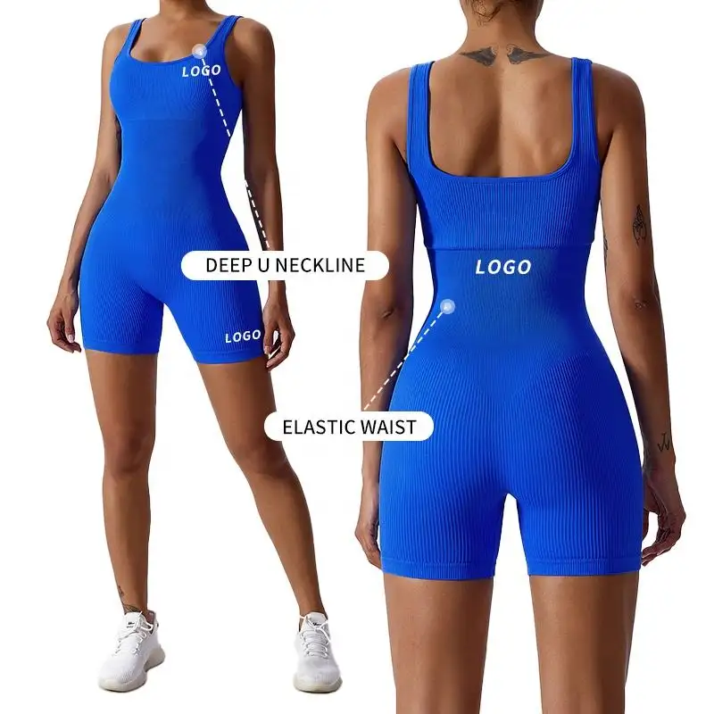Hot Selling Women Tummy Control Ribbed Jumpsuits Seamless Yoga Sexy Sport Running Rompers