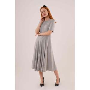 Robe longue grise pour femme Lustrin, vente en gros, avec détails cousus et manches courtes - Confortable, mélange polyester-viscose, longueur midi - Product Image 2